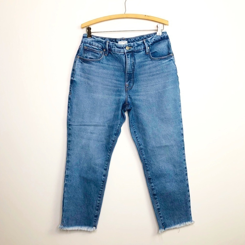Good American high rise raw hem jeans